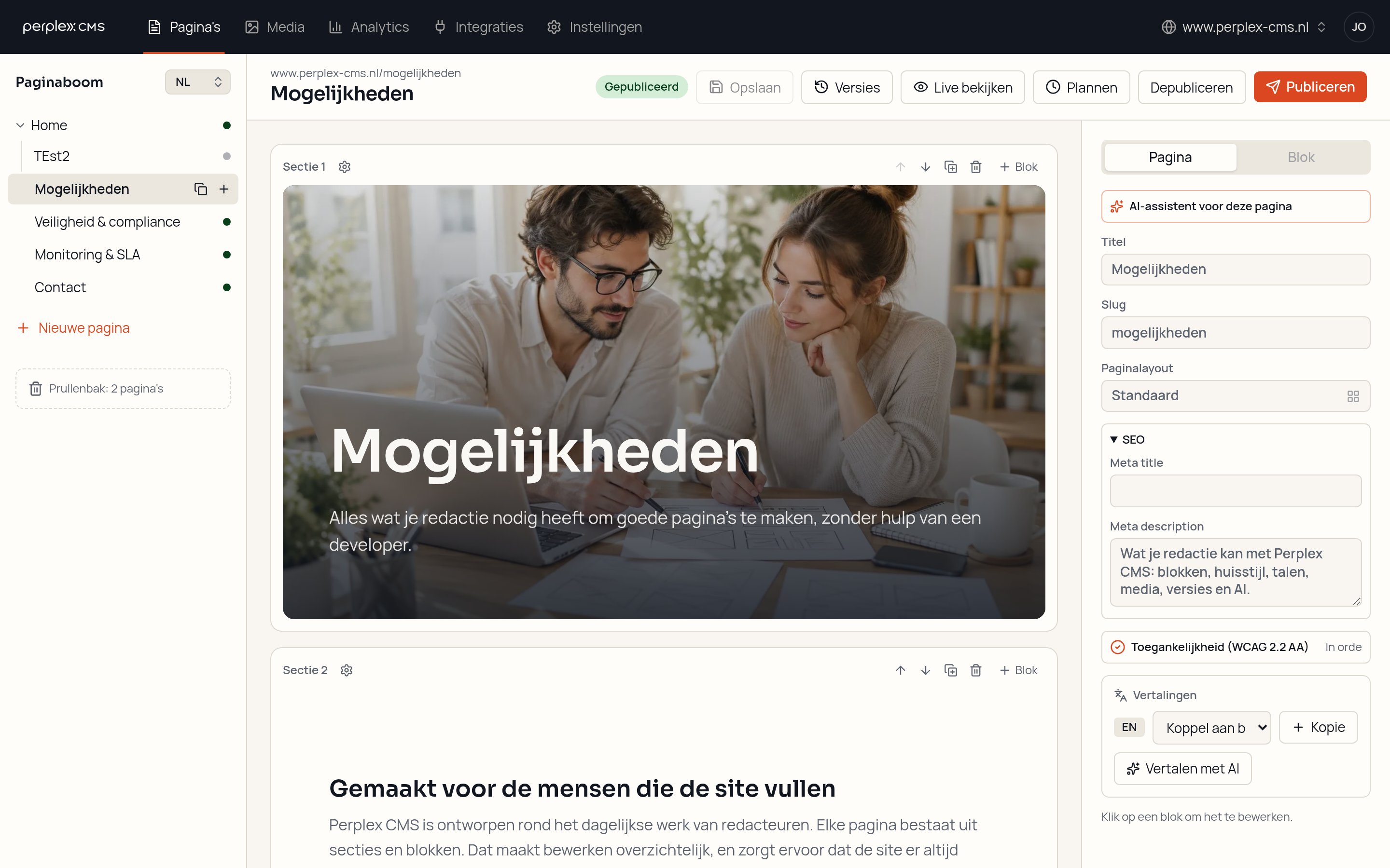 De editor van Perplex CMS met paginaboom, secties en pagina-instellingen
